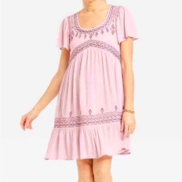 Knox Rose Dresses & Skirts - Flutter Short Sleeve Embroidered BOHO EMPIRE WAIST Dress MAUVE DUSTY PINK LARGE